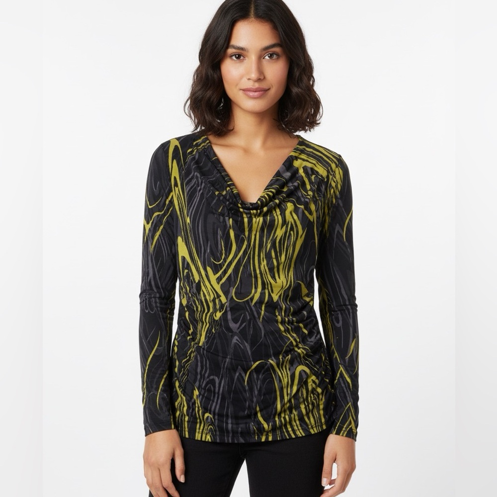 Miss Tina NWOT Stretchy Drapey Neckline Ruched Sides Long Sleeve Abstract Blouse